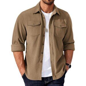 Coofandy Men Khaki Corduroy Button Down Lightweight Jacket with Flap Pockets